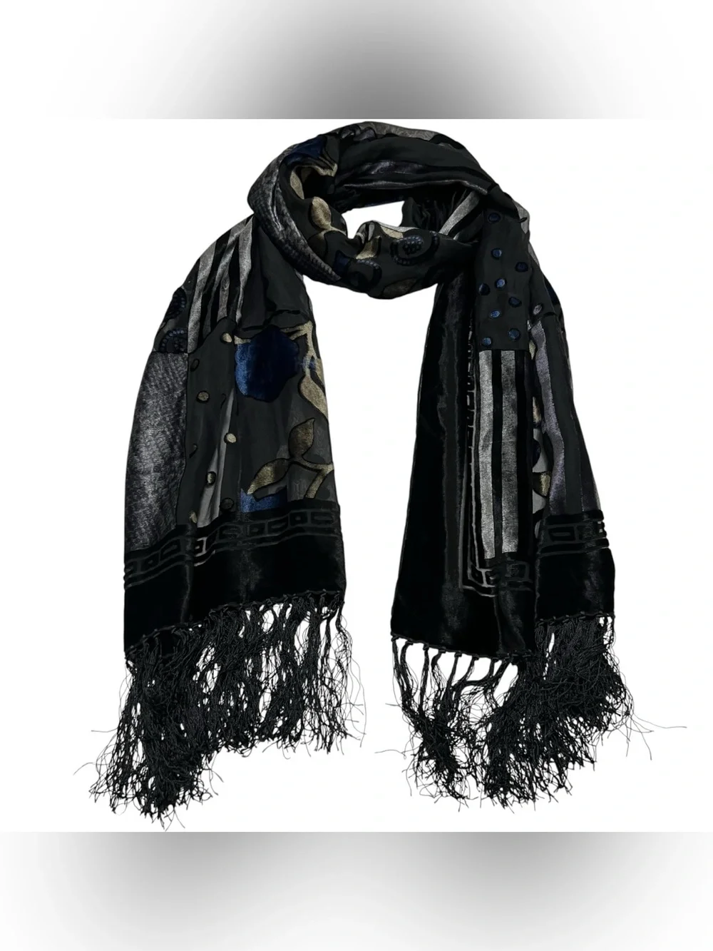 Silk/Rayon Black Burnout Velvet Patterned Fringe Detail Long Scarf Shawl